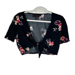 Polly & Esther Dark Floral Print Front Tie Crop Top Size M